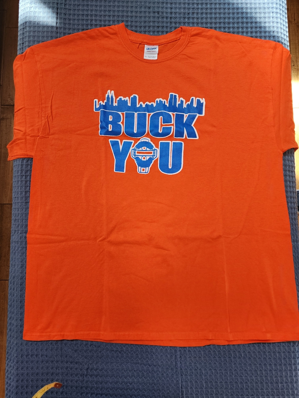 Gildan Mets Orange Tee with Blue "BUCK YOU" Skyline Graphic